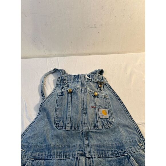 Carhartt 38x28 blue jean denim overalls USA thrashed (missing buckle) rn#14806 - Picture 1 of 14